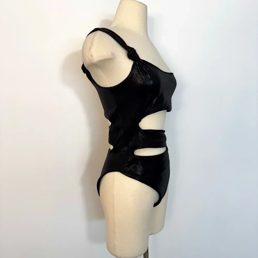 SKIMS Liquid Shine Swim Knotted One Shoulder Monokini Swimsuit Onyx L NWT